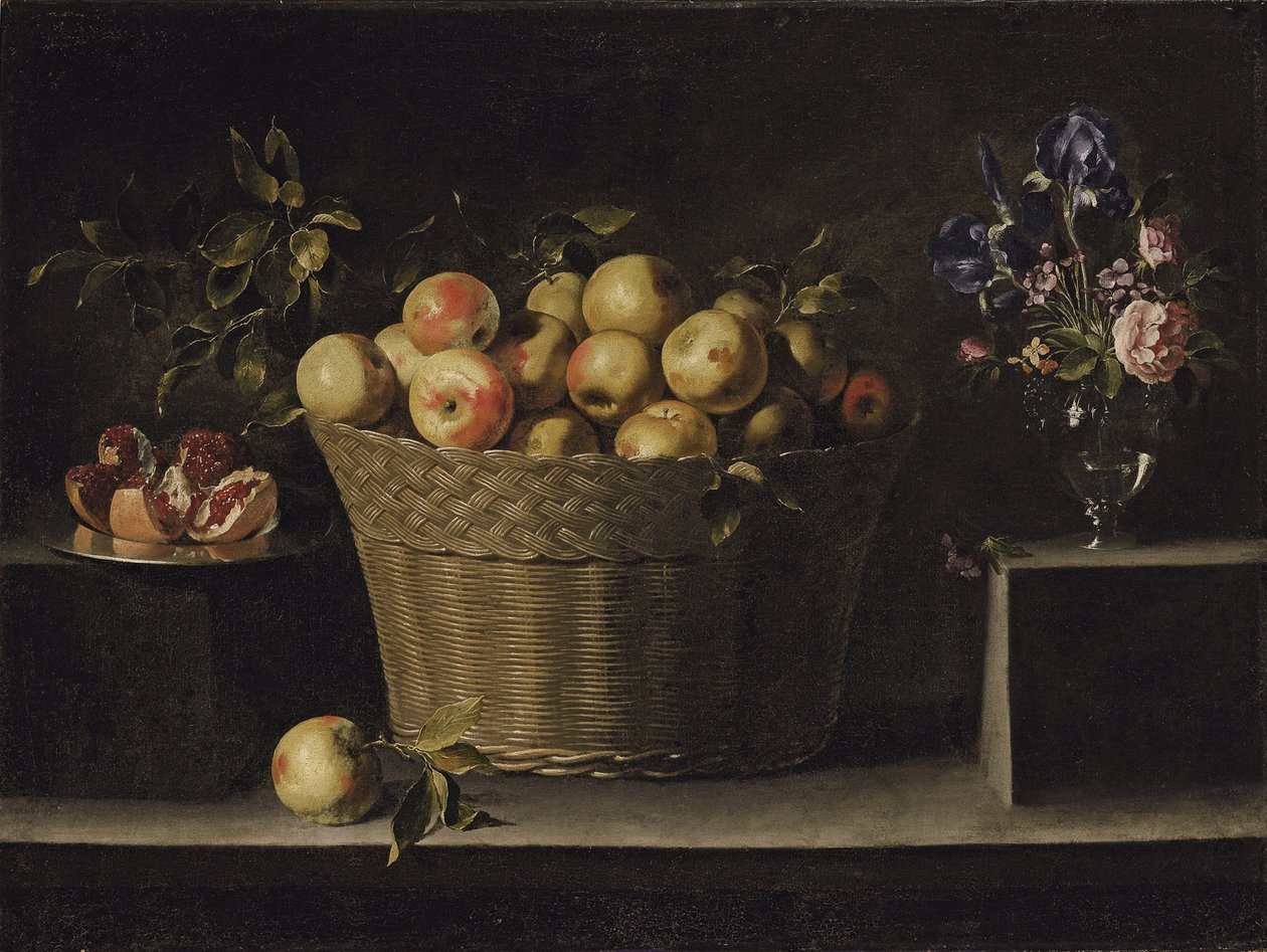 Æbler i en flettet kurv, et granatæble på en sølvplade og blomster i en glasvase af Juan de Zurbaran