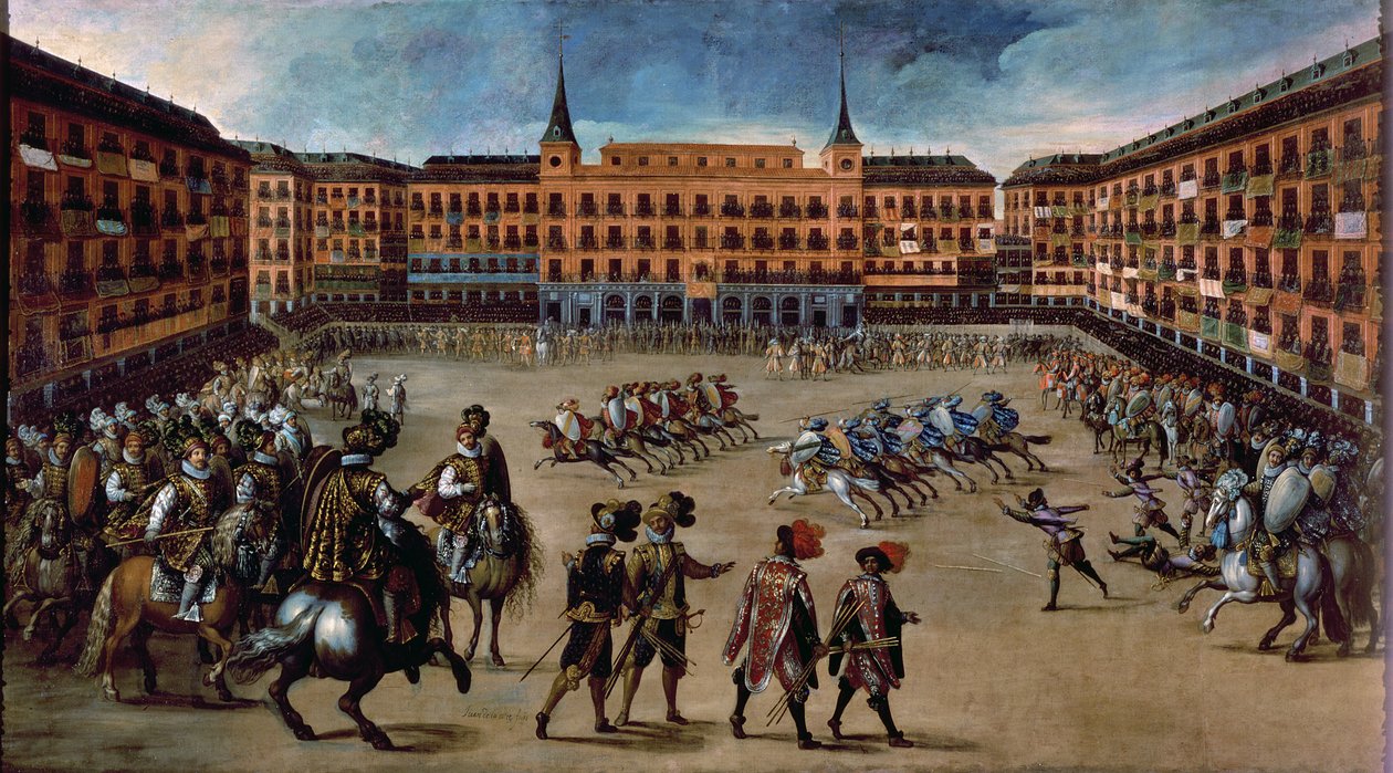 Game of Canas, Plaza Mayor, Madrid (olie på lærred) af Juan de la Corte