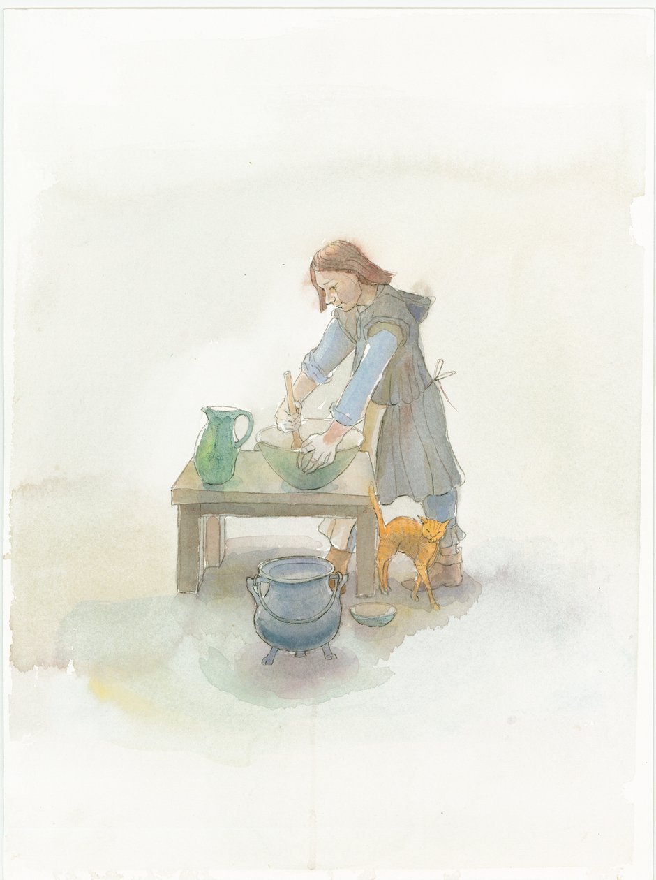 En middelalderkok laver mad, 2004. af Judith Dobie