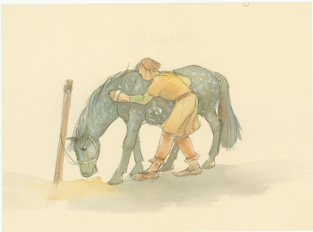 En middelalderlig brudgom, der børster en hest, 2004. af Judith Dobie