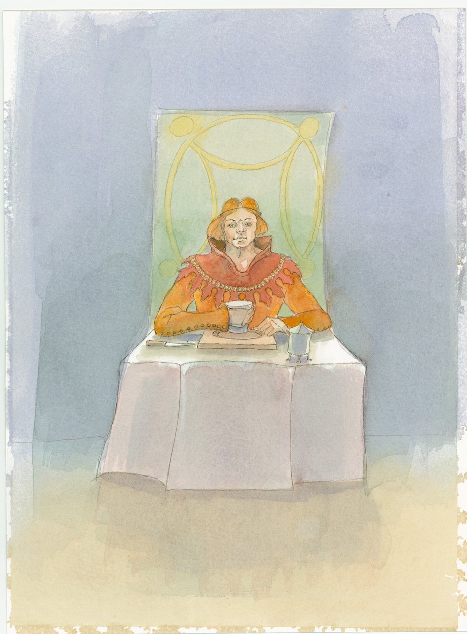 En middelalderherre sad ved et bord, 2004. af Judith Dobie