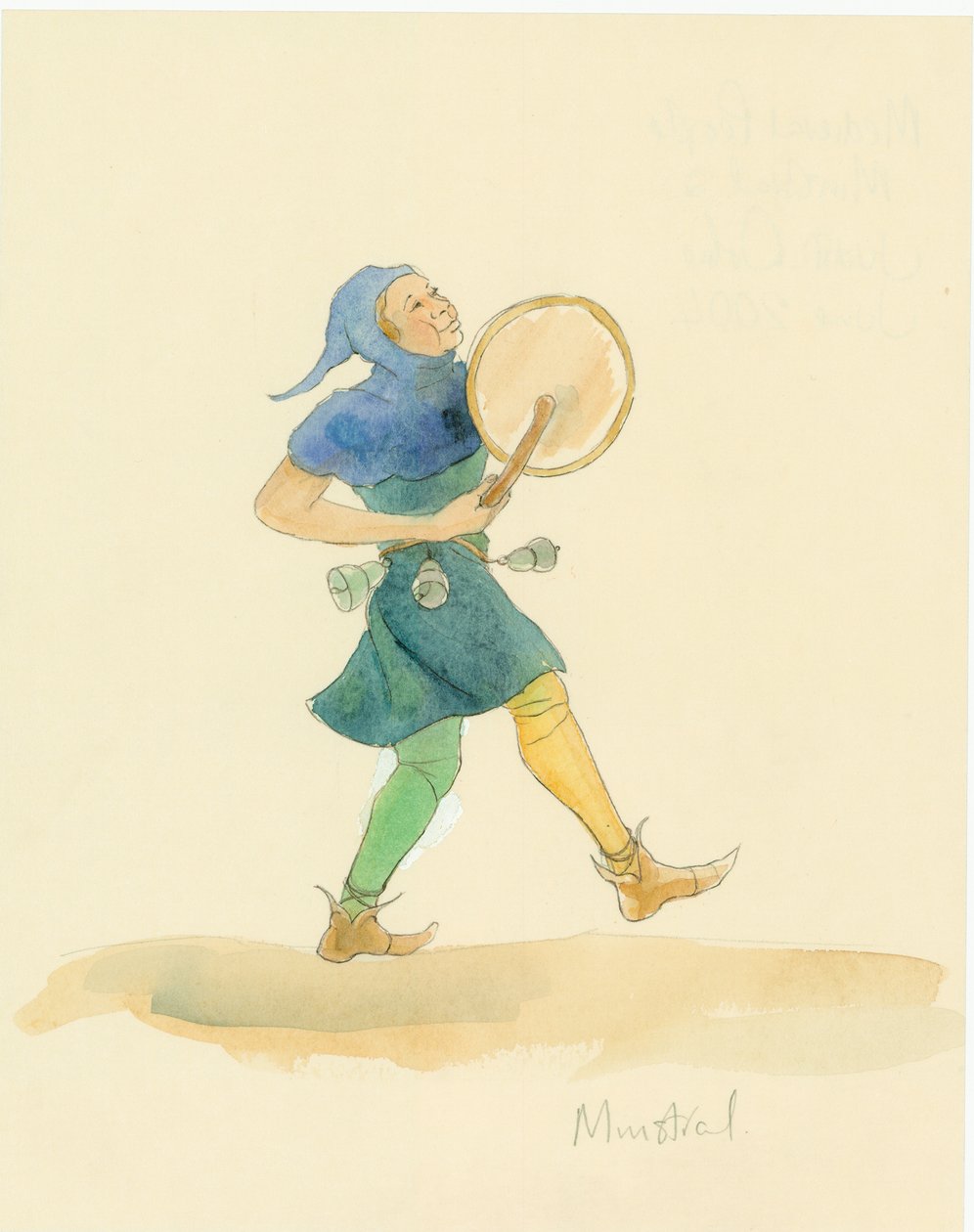 En middelalderlig minstrel, der spiller et slaginstrument, muligvis en tabor, 2004. af Judith Dobie