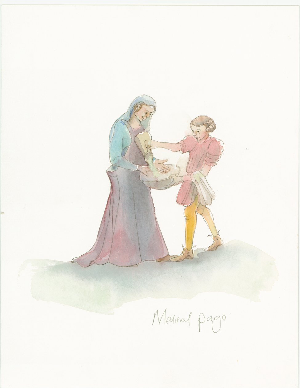 En middelalderside, der hjælper en dame med at vaske hænder, 2004. af Judith Dobie