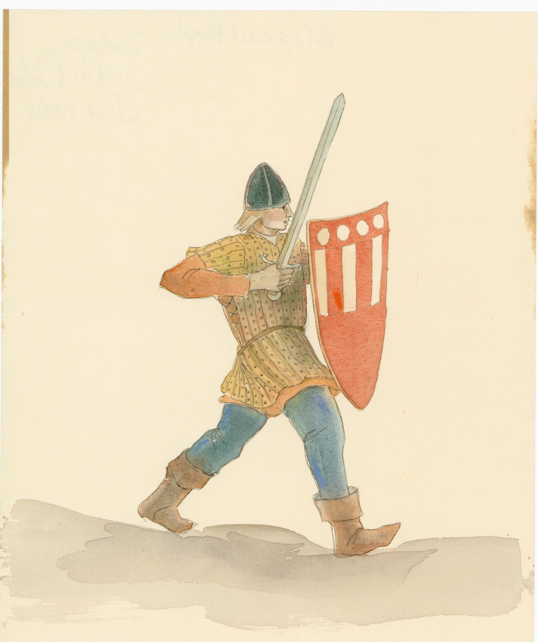 En middelaldersoldat med et langt sværd i højre hånd og et skjold i venstre, 2004. af Judith Dobie