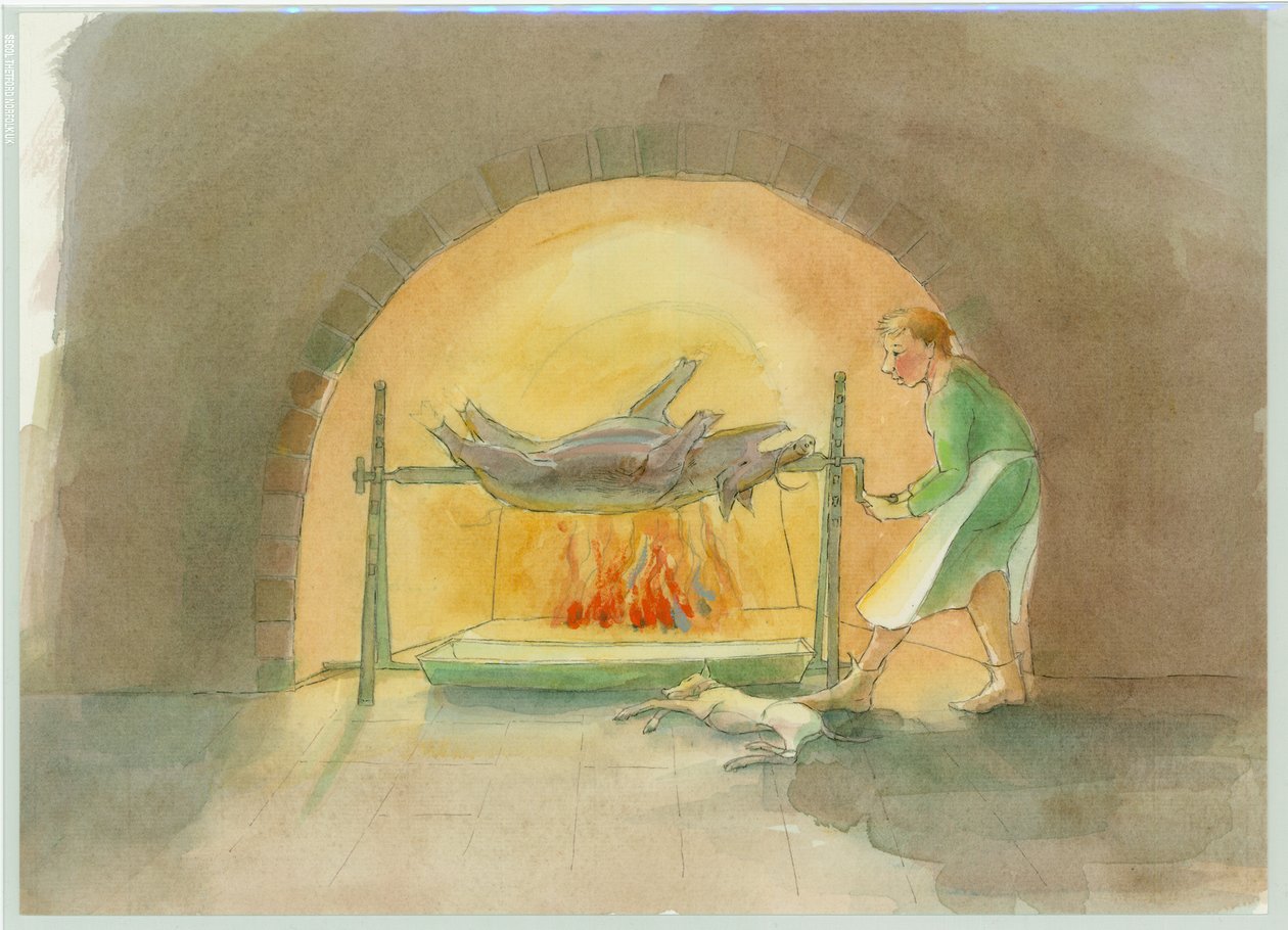 En middelalderlig spyttedreng, der bliver et spyt i køkkenet, 2004. af Judith Dobie