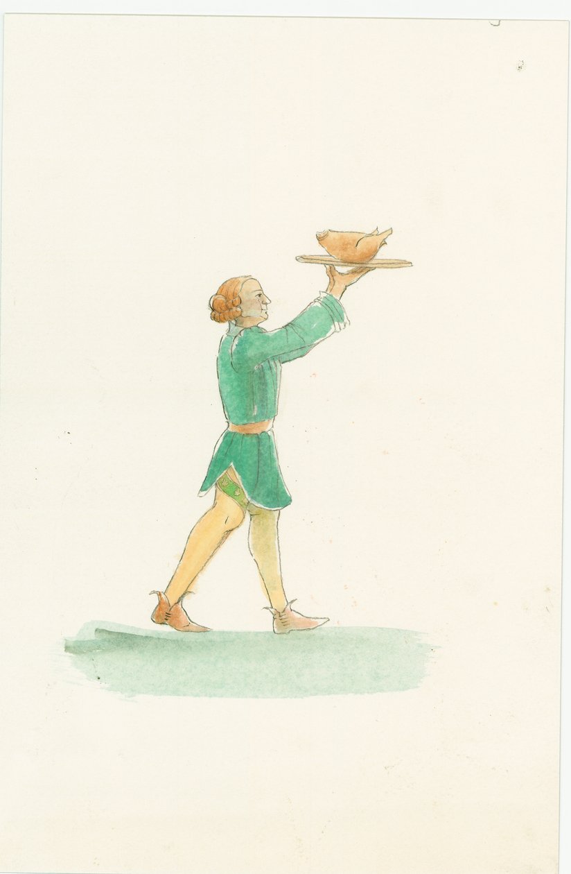 En middelalderlig tjener, der bærer et fad med mad, 2004. af Judith Dobie