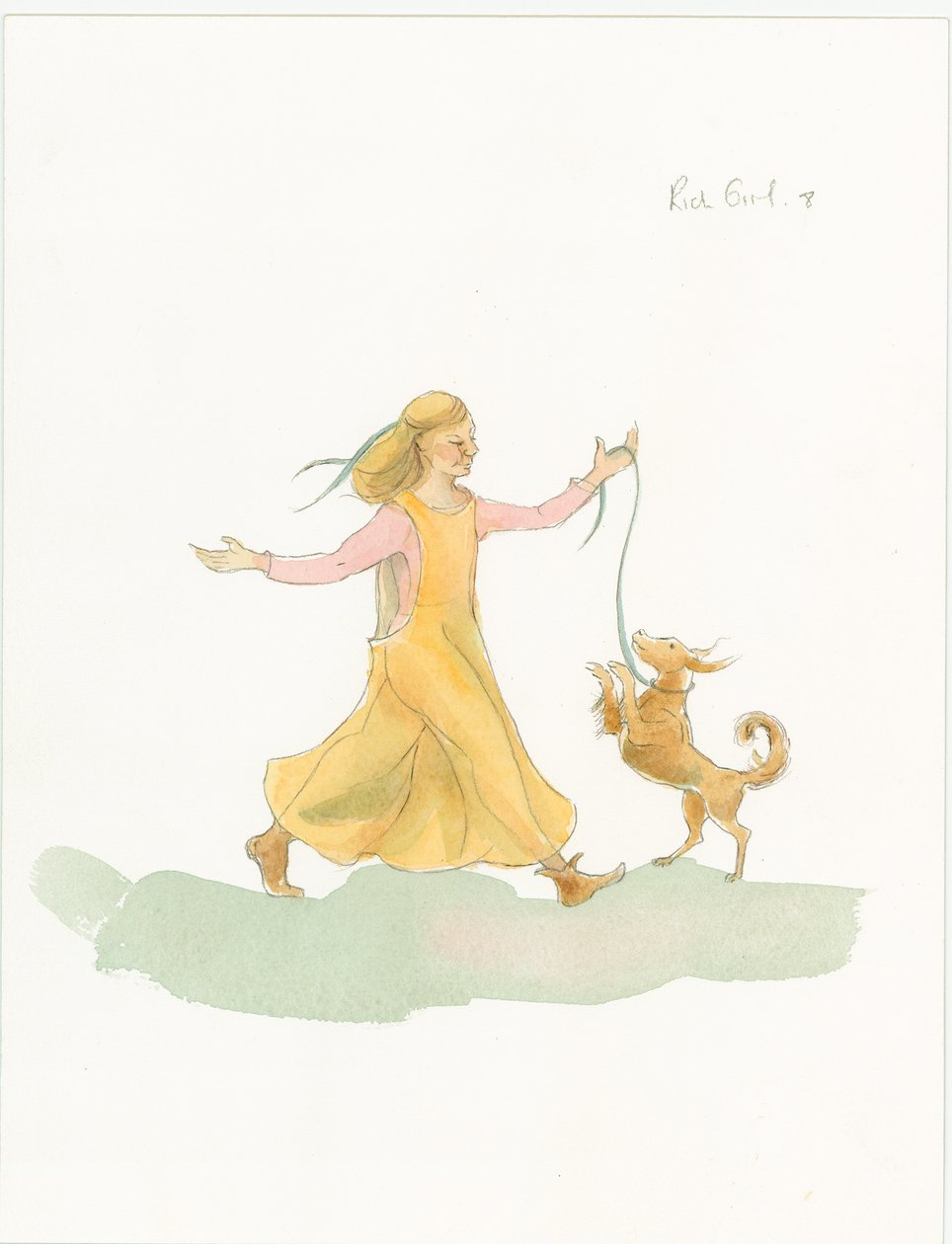 En middelalderlig kvinde leger med en hund, 2004. af Judith Dobie