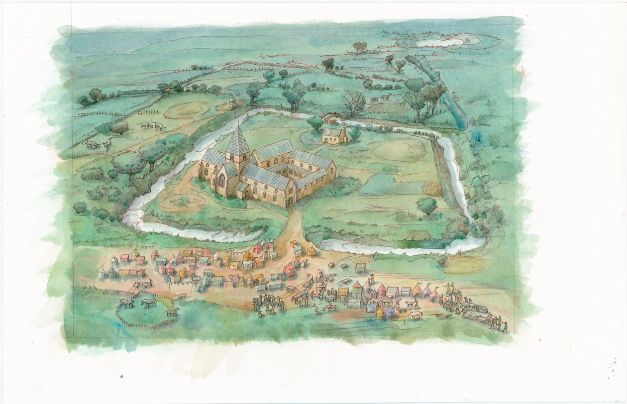 Et rekonstruktionsmaleri, der viser et skråt billede af Latton Priory, som det kan have set ud i slutningen af det 12. århundrede. af Judith Dobie