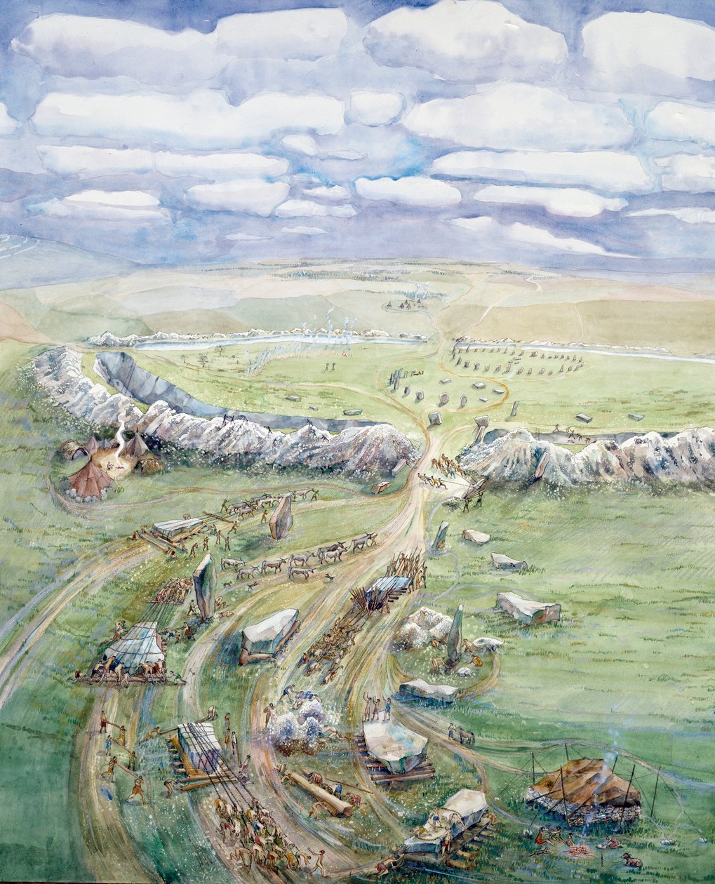 Avebury Henge under opførelse (akvarel på papir) af Judith Dobie