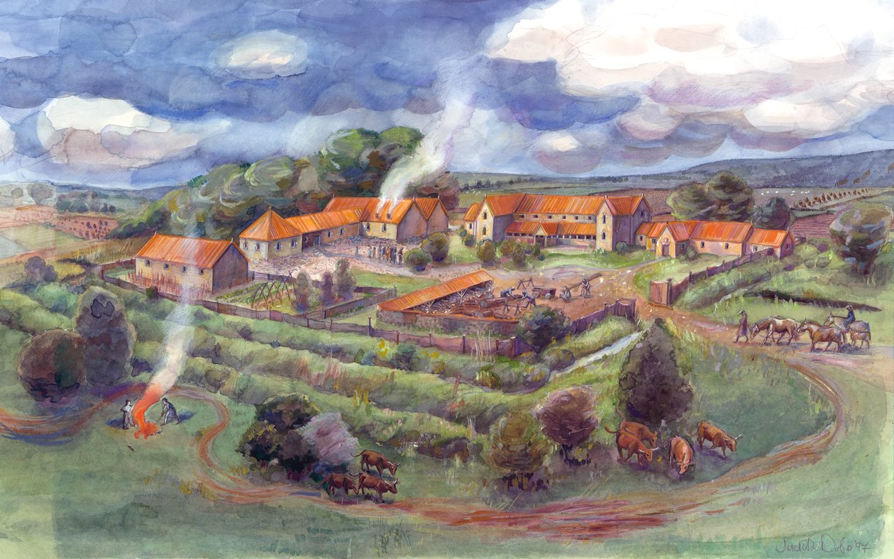 Gargrave Roman Villa, også kendt som Kirk Sink Roman Villa (akvarel på papir) af Judith Dobie