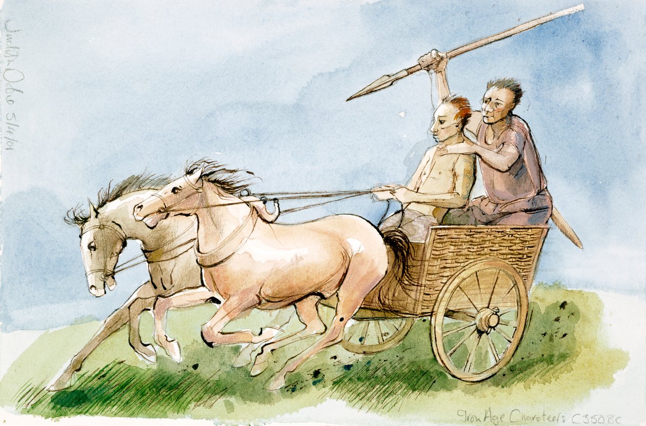 Vognmænd fra jernalderen ca. 350, 2001 (pen og akvarel på papir) af Judith Dobie