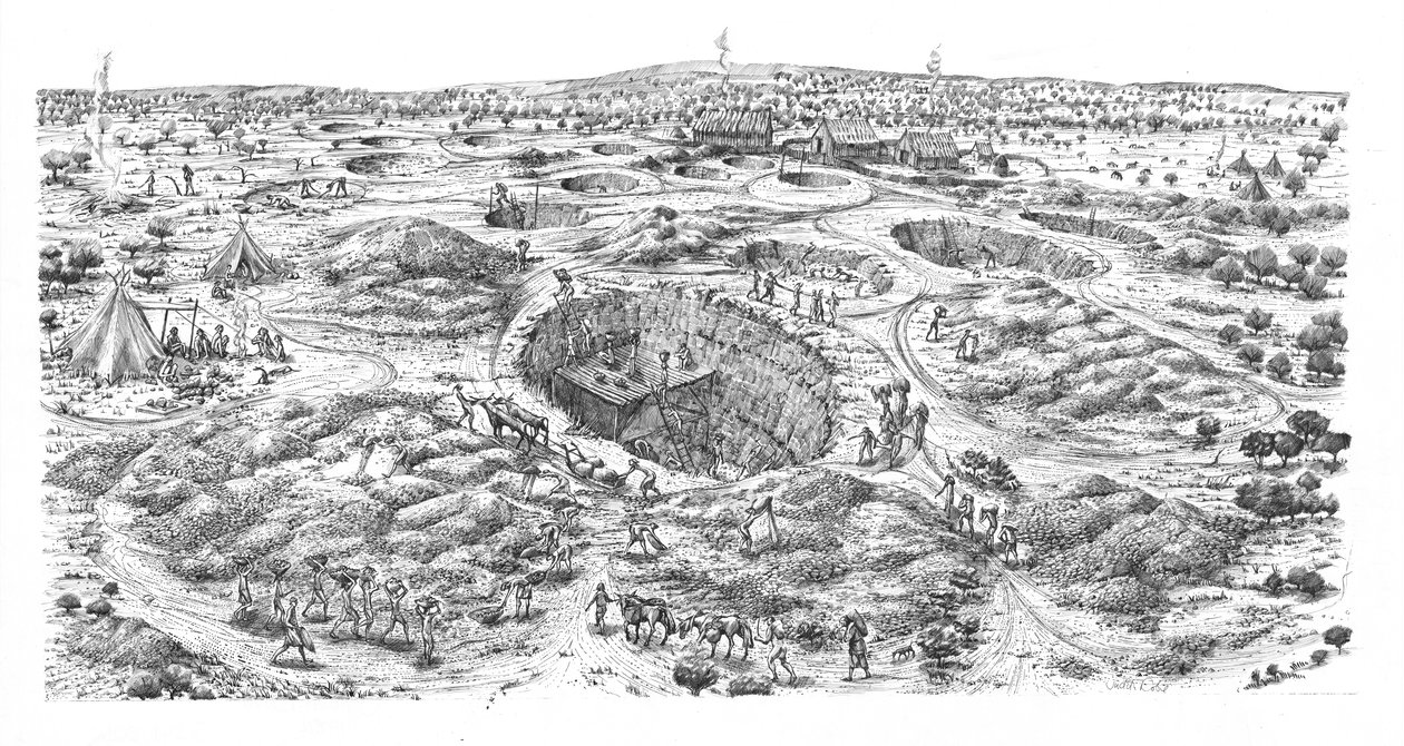 Neolitisk flintminedrift ved Easton Down, Wiltshire (pen og blæk på papir) af Judith Dobie