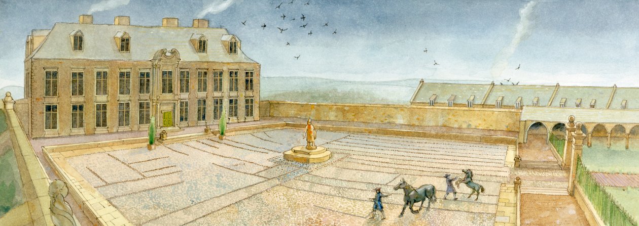 Cholmley-herregårdens festsal og forgård ved Whitby Abbey i 1700 (akvarel på papir) af Judith Dobie