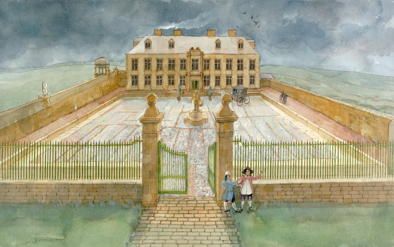 Cholmley-herregårdens festsal og forgård ved Whitby Abbey i 1700 (akvarel på papir) af Judith Dobie
