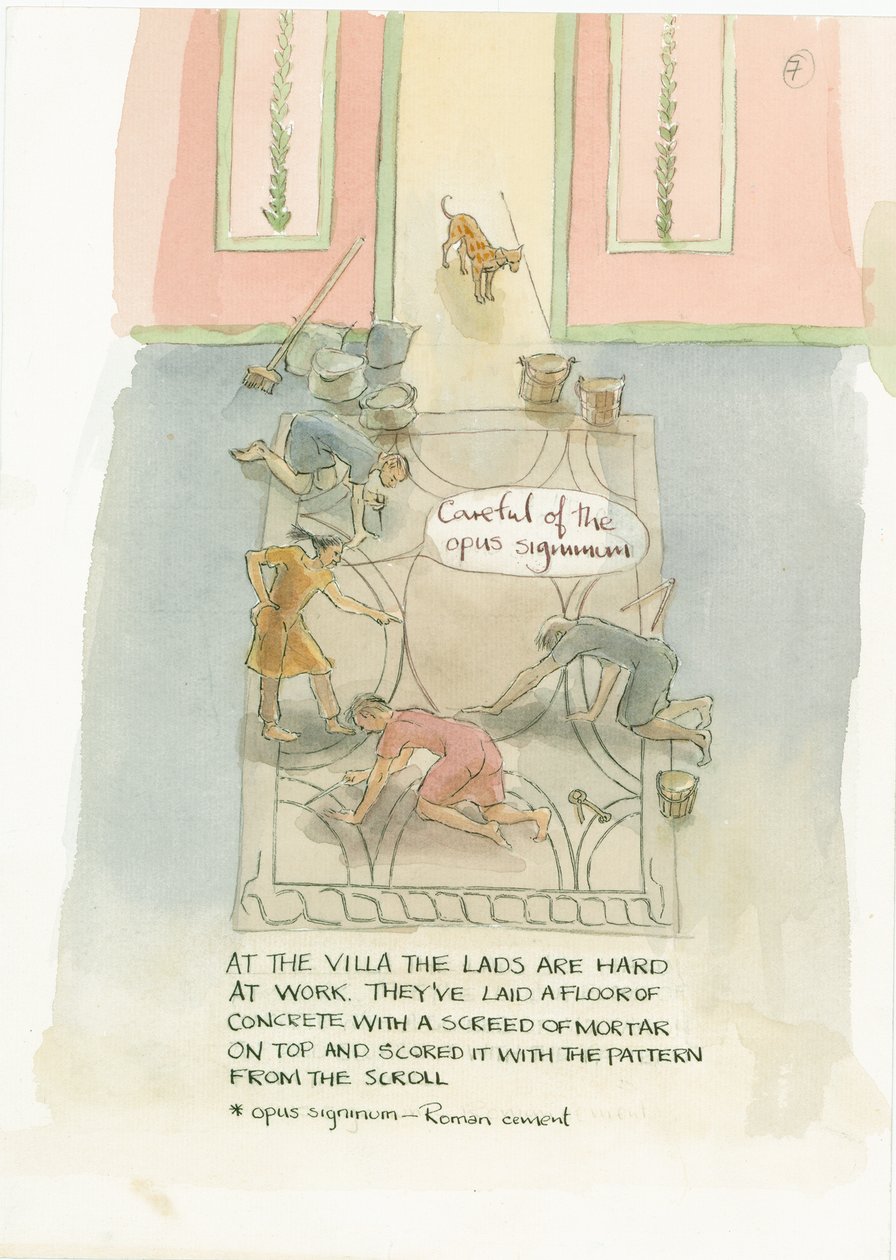 Håndværkermesteren og hans arbejdere lægger et gulv til Julias mosaik, 2003. af Judith Dobie