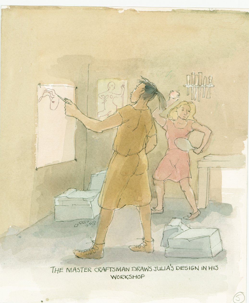 Håndværkermesteren tegner designs til Julias mosaikgulv, 2003. af Judith Dobie