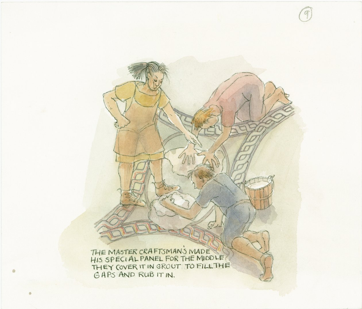 To arbejdere, der fuger et gulvpanel lavet og overvåget af håndværkeren, 2003. af Judith Dobie