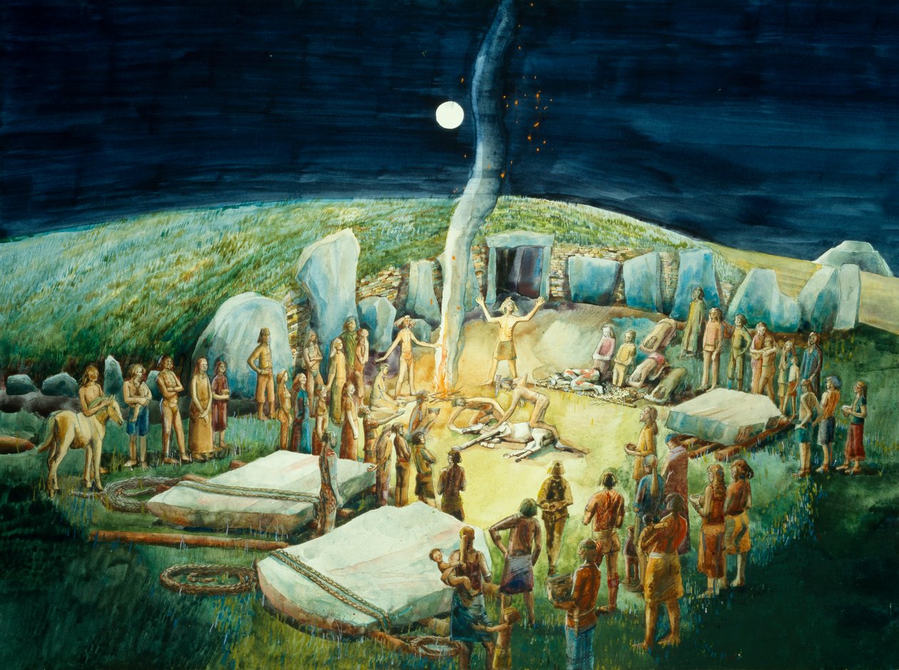 West Kennet Long Barrow, neolitisk rekonstruktion (akvarel på papir) af Judith Dobie