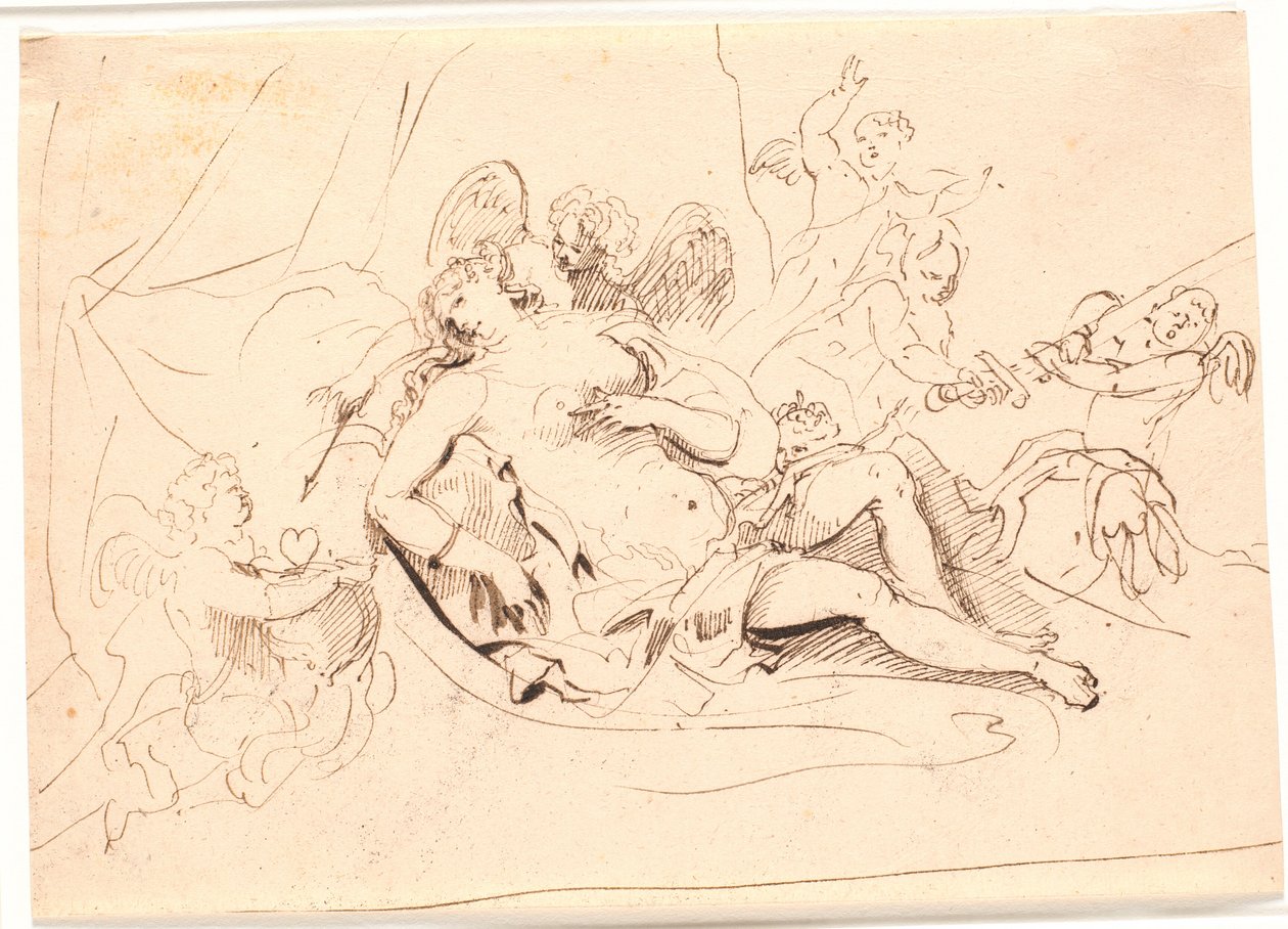 Hvilende Venusfigur, omgivet af seks putti, der leger med sværd, pil og hjerte af Jürgen Ovens
