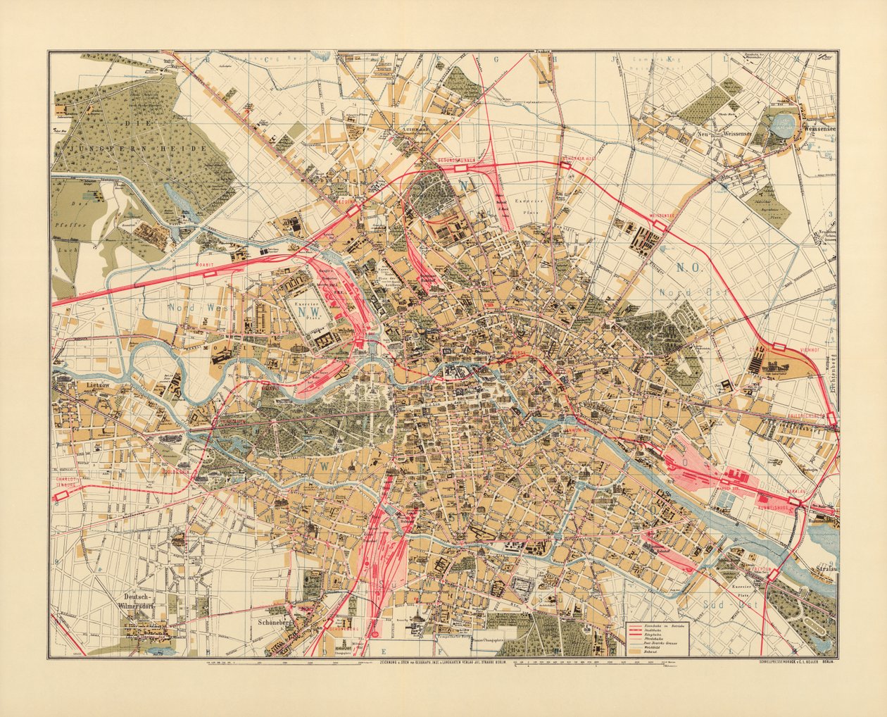 Kort over Berlin, trykt af C.L. Keller, Berlin, 1890 af Jul. Straube