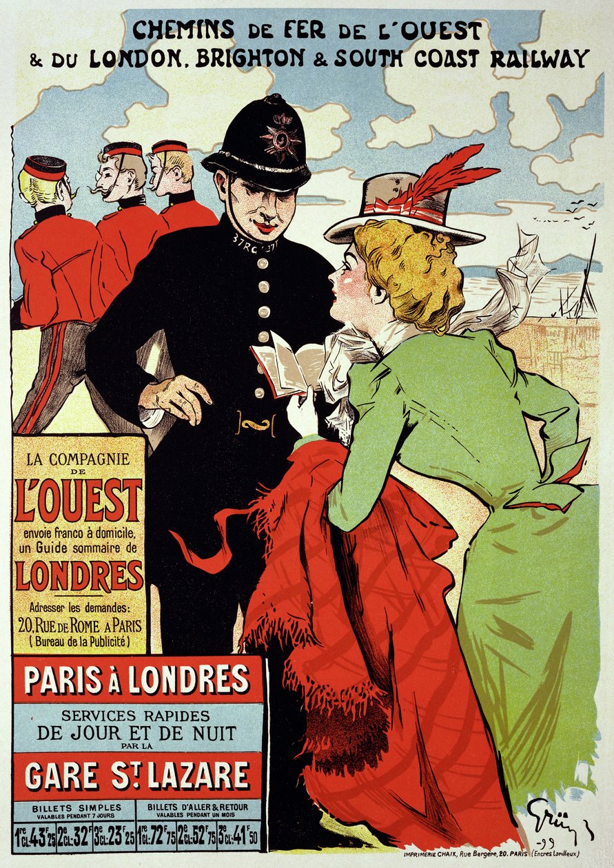 Reproduktion af en plakat, der reklamerer for tog fra Paris til London, 1899 af Jules Alexandre Gruen or Grun