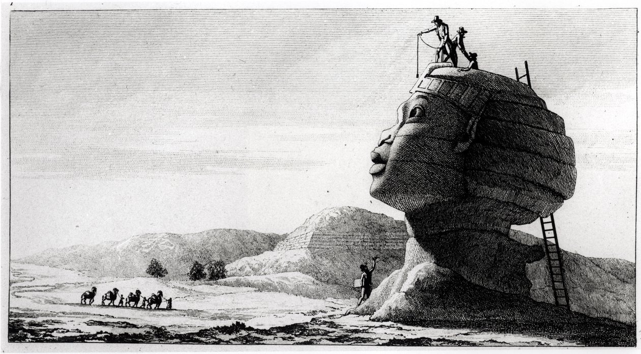 Franskmændene måler sfinksen, fra Voyage en Egypte af Dominique Vivant Denon (1747-1825), indgraveret af Deparc, 1802 (bw foto) af Jules Alfred Vincent Rigo