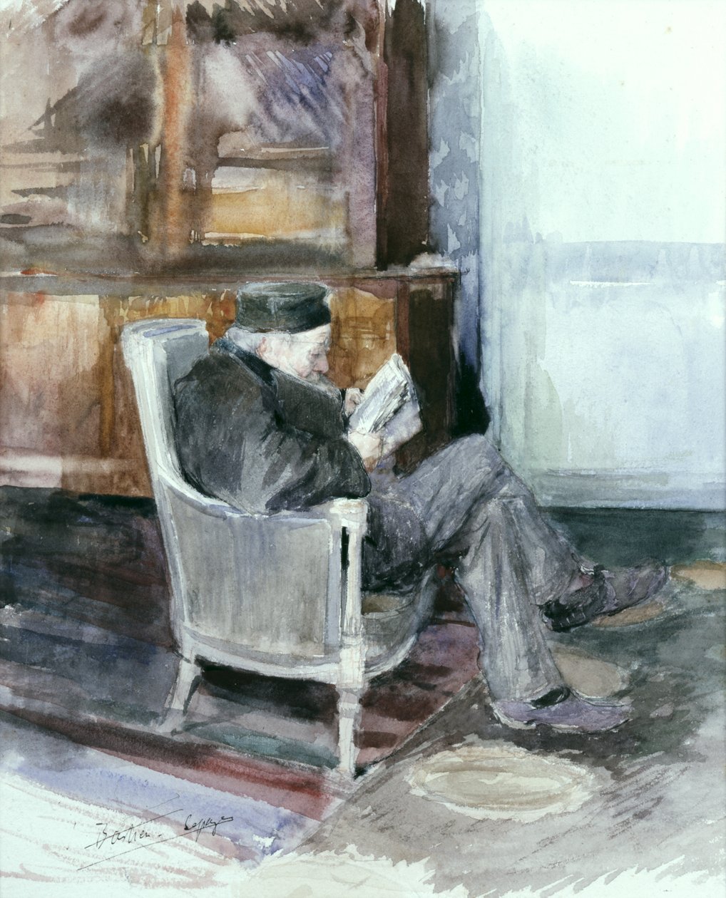 Gammel mand siddende i lænestol (akvarel) af Jules Bastien Lepage