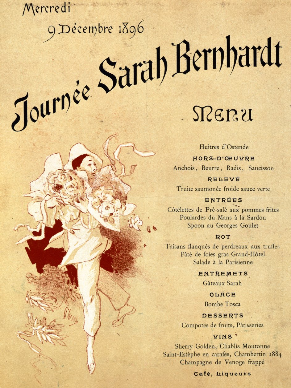 Onsdag den 9. december 1896, Journee Sarah Bernhardt, Menukort, 1896 (se også 245010) af Jules Cheret