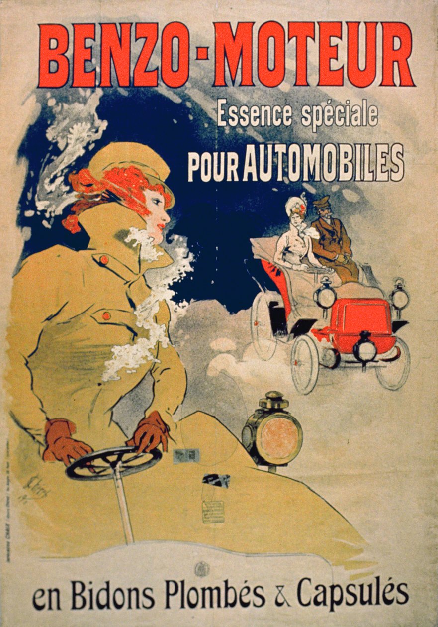 Plakat med reklame for "Benzo-Moteur" motorolie specielt til biler, 1901 (farvelitografi). af Jules Cheret