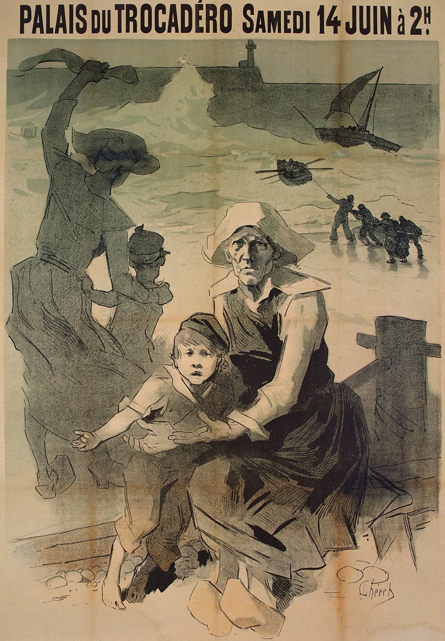 Plakat, der reklamerer for en velgørenhedsgalla til fordel for familierne til skibbrudne sømænd i Palais du Trocadero, 14. juni 1890 af Jules Cheret