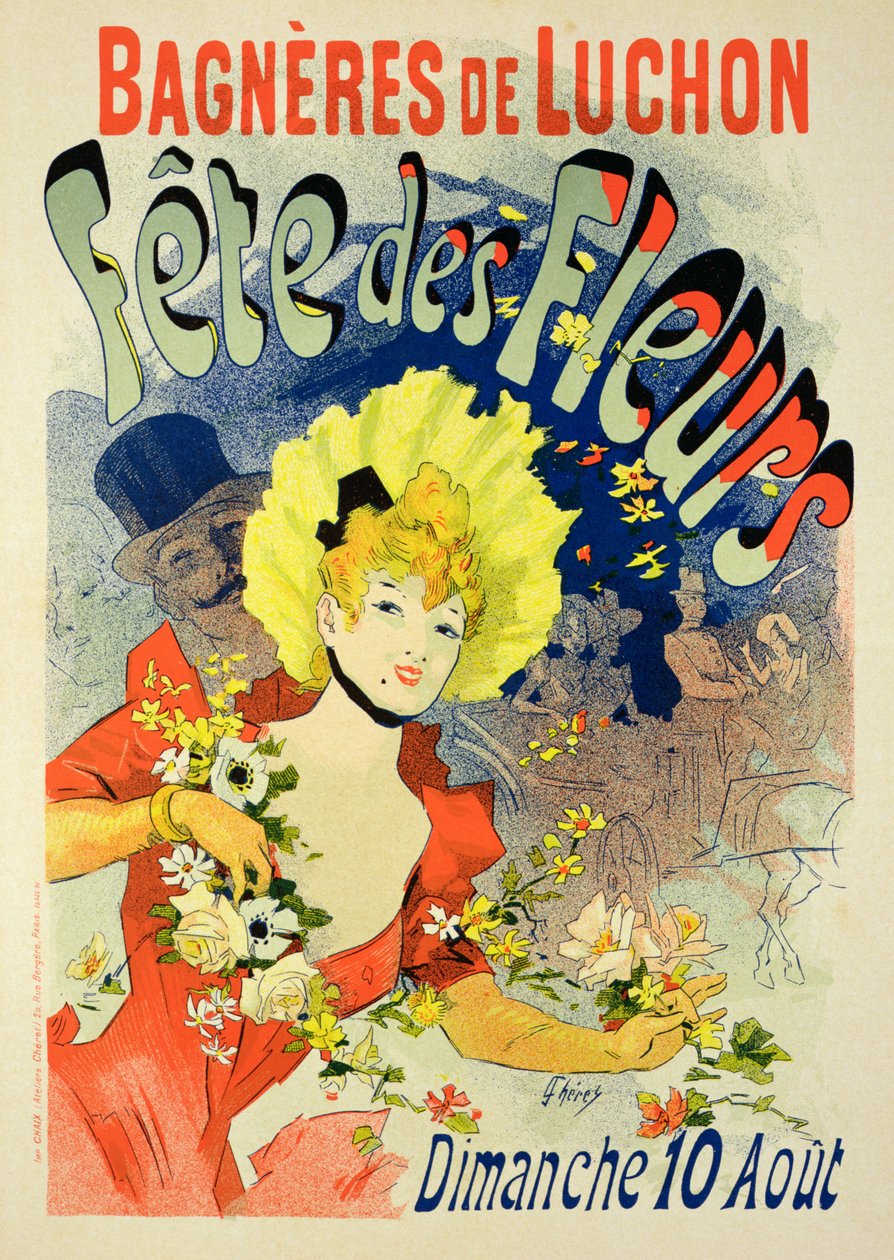 Reproduktion af en plakat, der reklamerer for blomsterfestivalen i Bagneres-de-Luchon, 1890 af Jules Cheret