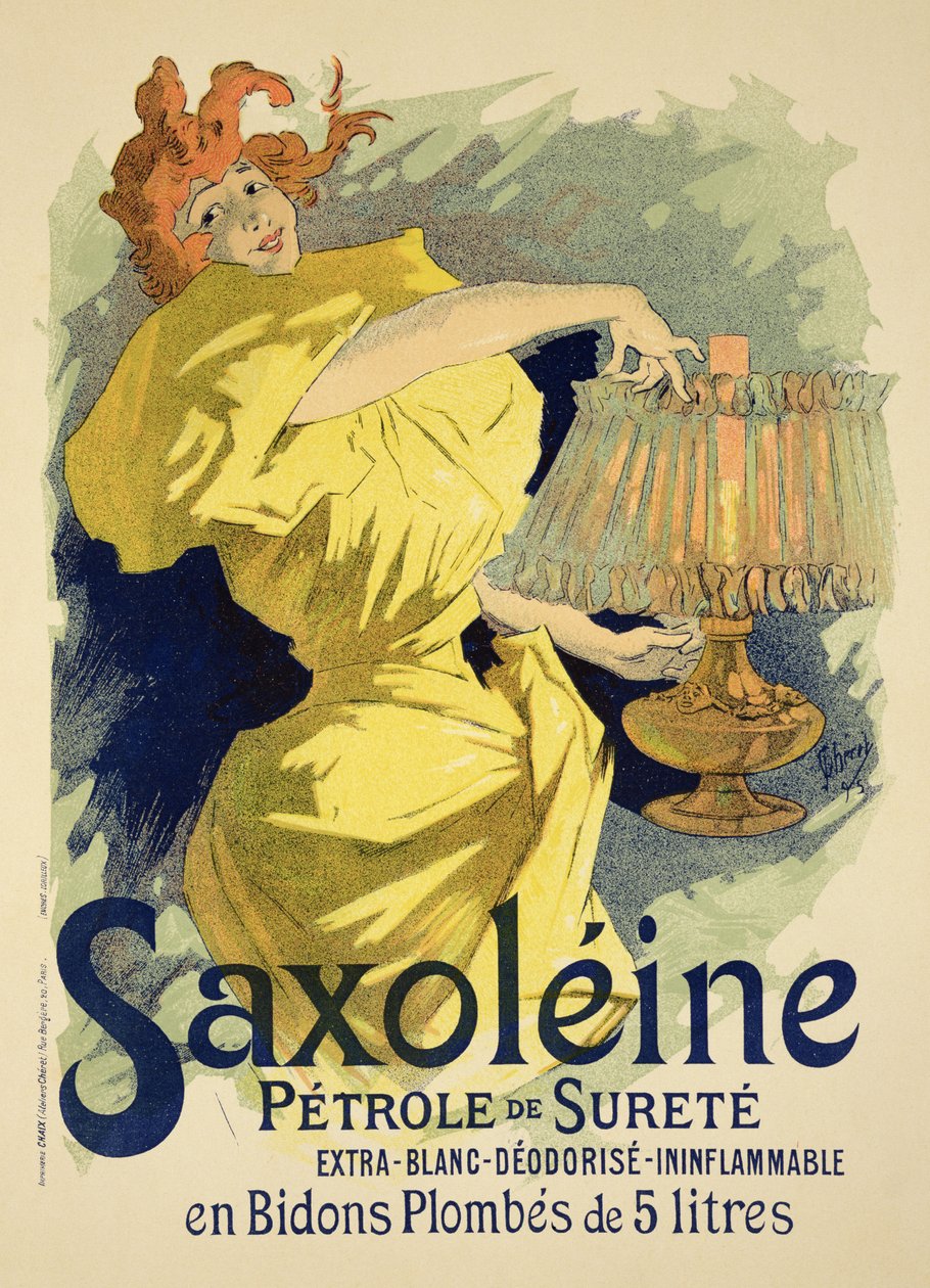 Reproduktion af en plakat, der reklamerer for "Saxoleine", sikker parrafinolie, 1896 af Jules Cheret