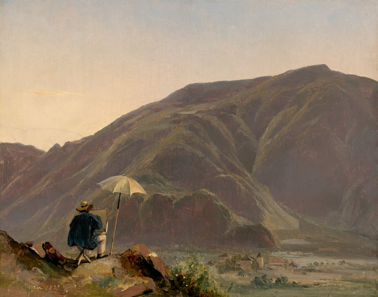 Udsigt over Bozen med en maler, 1837 (olie på papir på lærred) af Jules Coignet