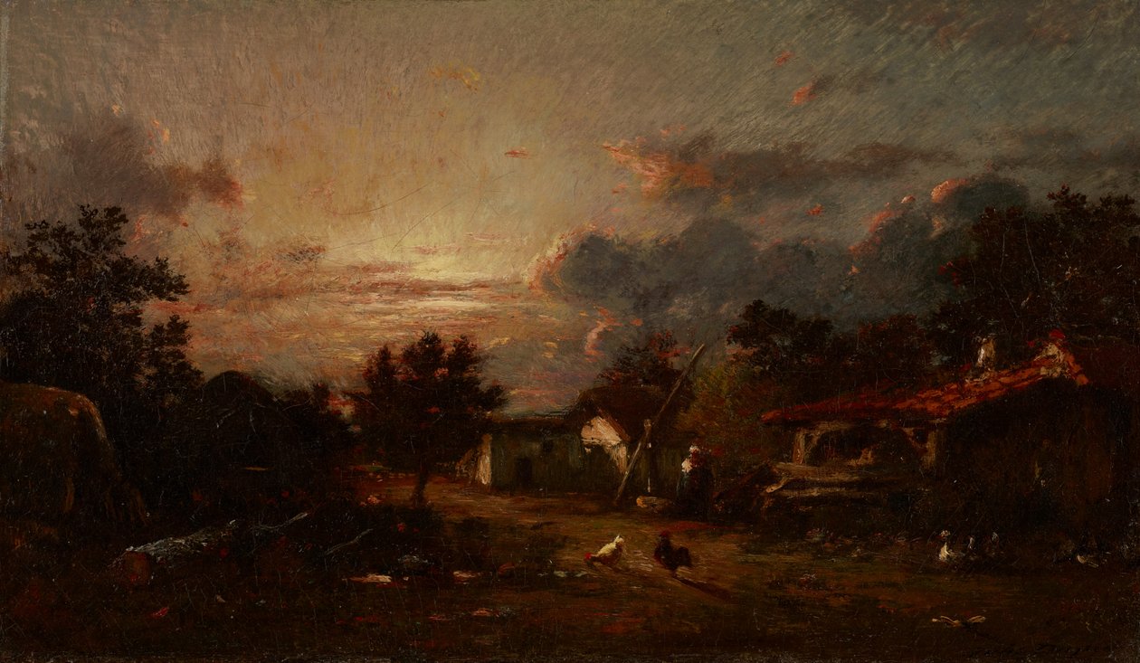 Landsbyscene, solnedgang, ca. 1870 af Jules Dupré