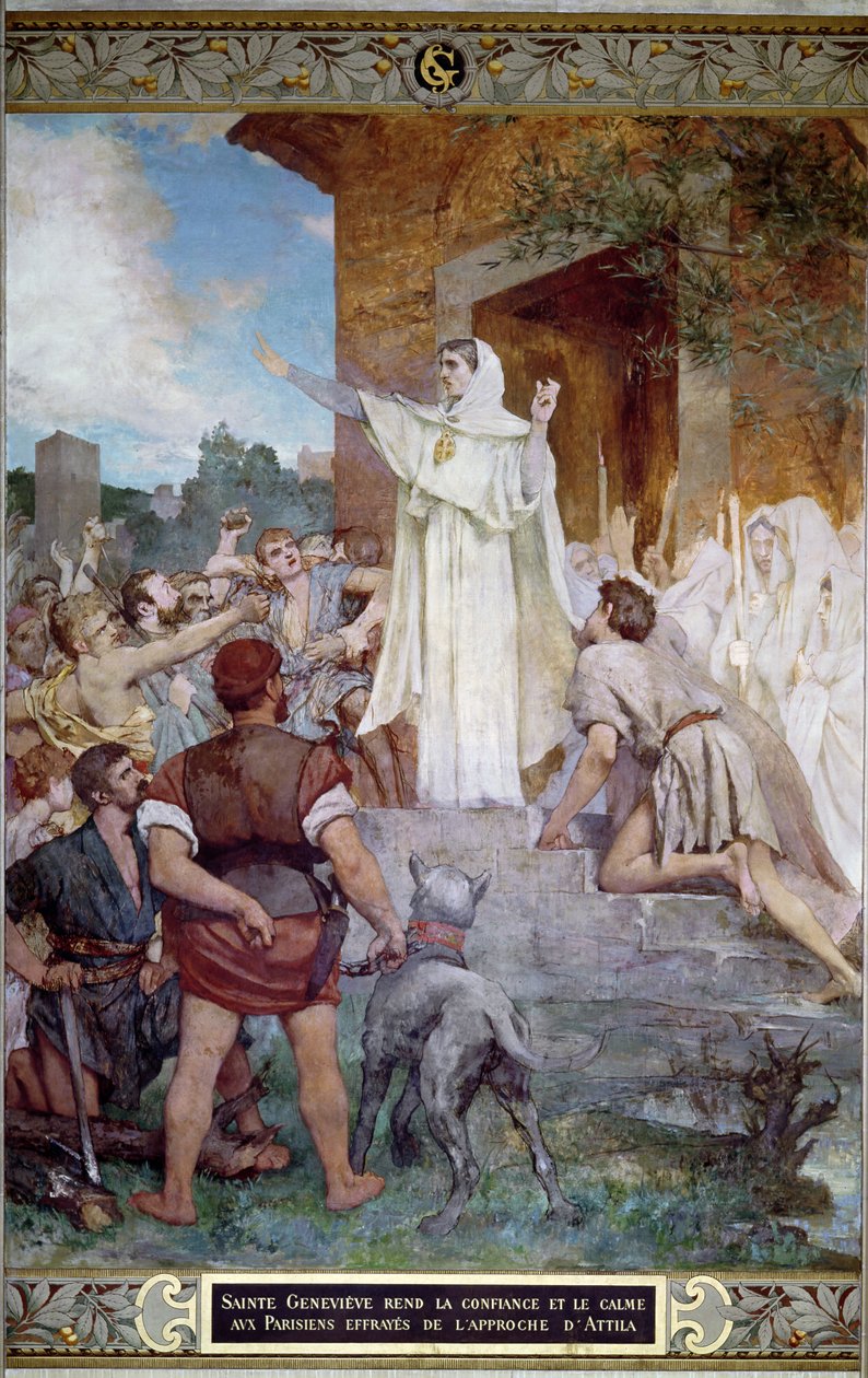 St. Genevieve beroliger pariserne, når Attila nærmer sig (ca. 406-453) af Jules Elie Delaunay