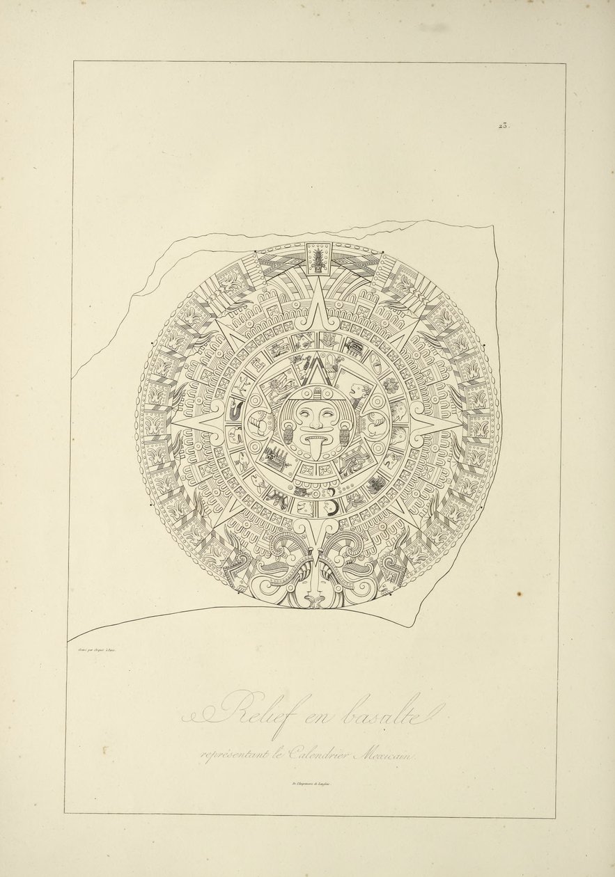 Relief i basalt, der repræsenterer en mexicansk kalender, illustration fra Views of the Cordilleras and Monuments of the Indigenous Peoples of America af Alexander von Humboldt og Aime Bonpland, 1813 af Jules Germain Cloquet