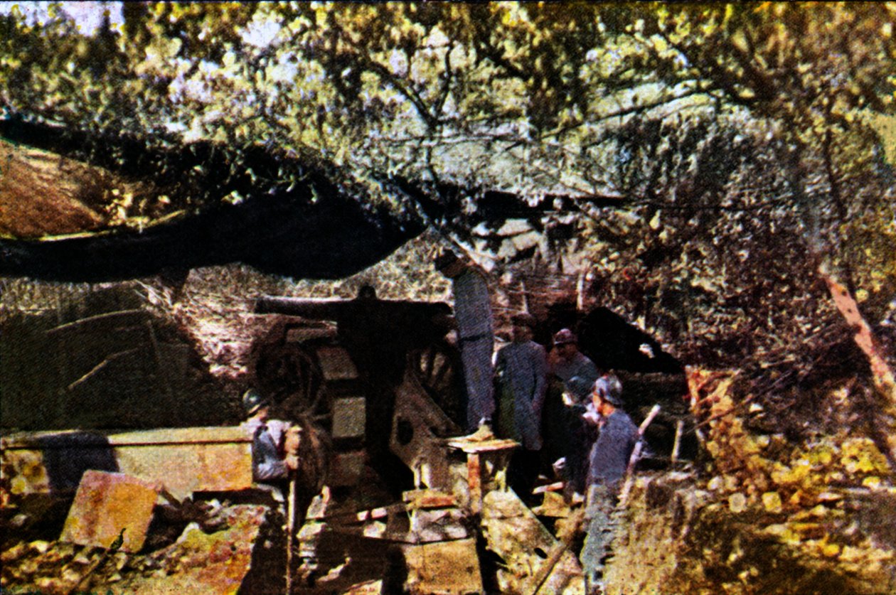 Et fransk batteri af tunge kanoner under camouflagenet i skoven, Verdun, september 1916 (autokromt) af Jules Gervais Courtellemont