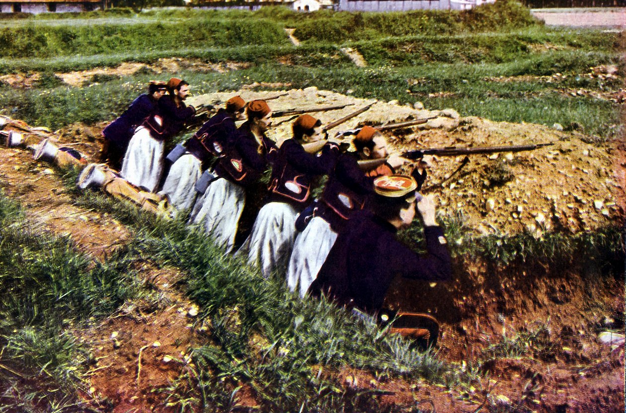 Zouave infanteriet fra den franske hær ved Barcy under slaget ved Marne øst for Paris, september 1914 (autokromt) af Jules Gervais Courtellemont