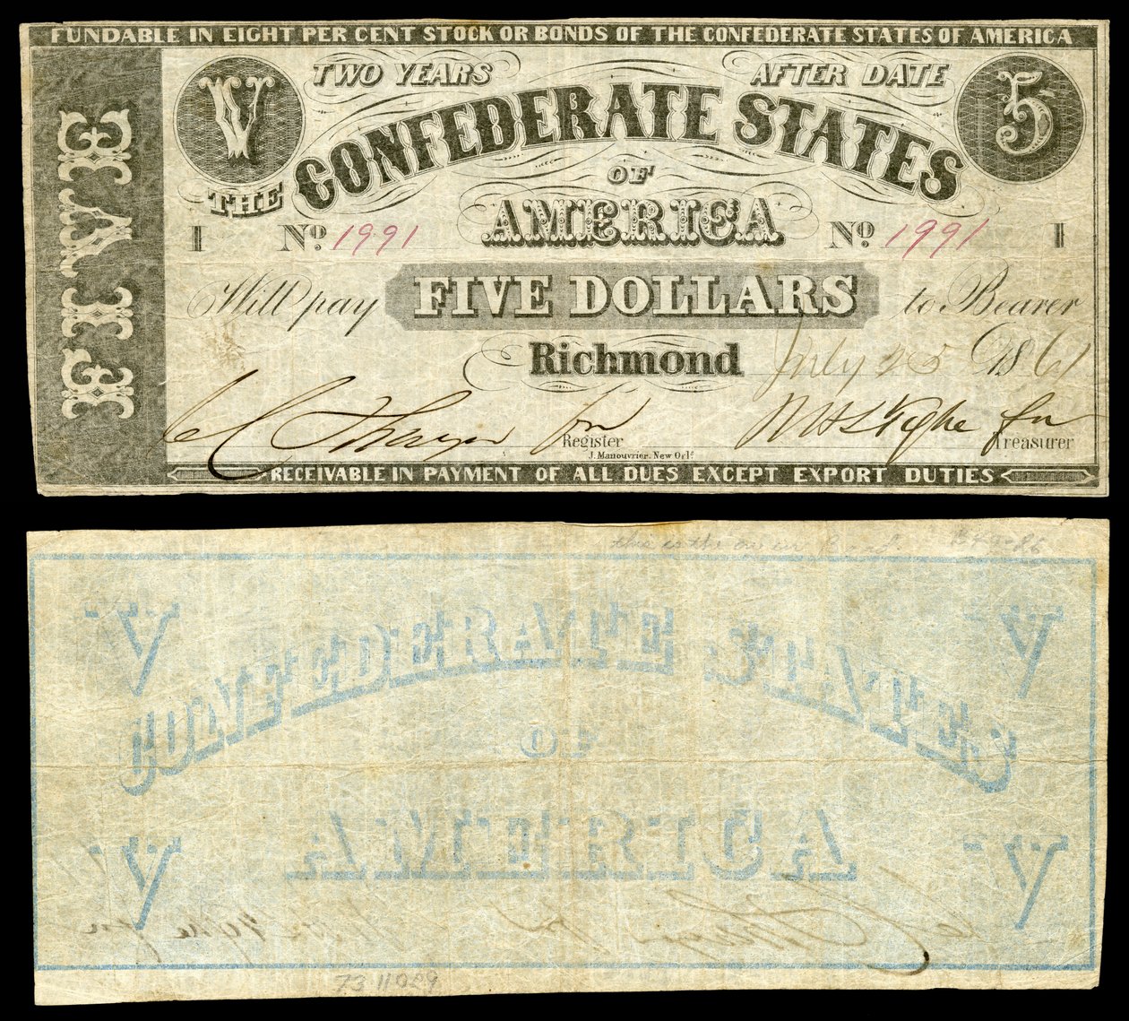 Anden serie $ 5 sedler i konfødererede stater. Amerikas konfødererede stater på tværs, kun 1861 udstedt seddel med trykt bagside. af Jules Manouvrier