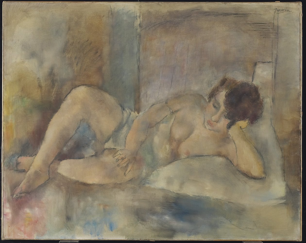 Liggende nøgen, ca. 1920 (olie og grafit på lærred) af Jules Pascin