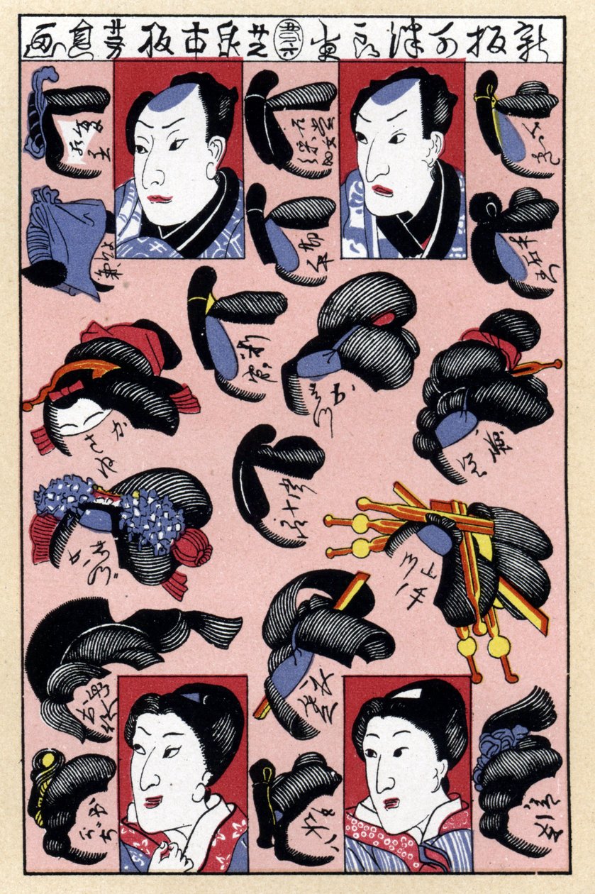 Fac-lignelse af en japansk modegravering, der viser mandlige og kvindelige frisurer fra Edo-perioden af Jules (after) Cheret