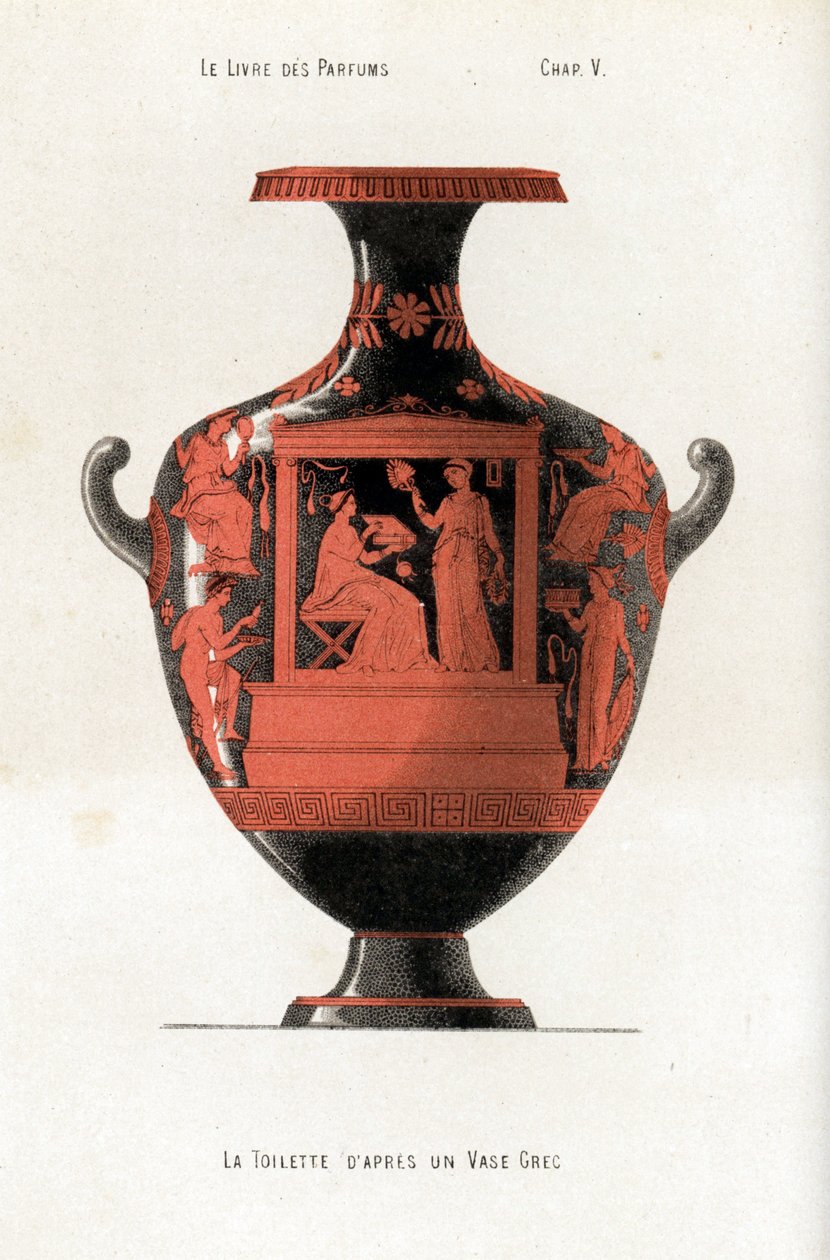 Græsk vase, der dekorerer en kvinde på et toilet, der holder en æske med kosmetik og parfume assisteret af en slave, der vinker med en vifte af Jules (after) Cheret