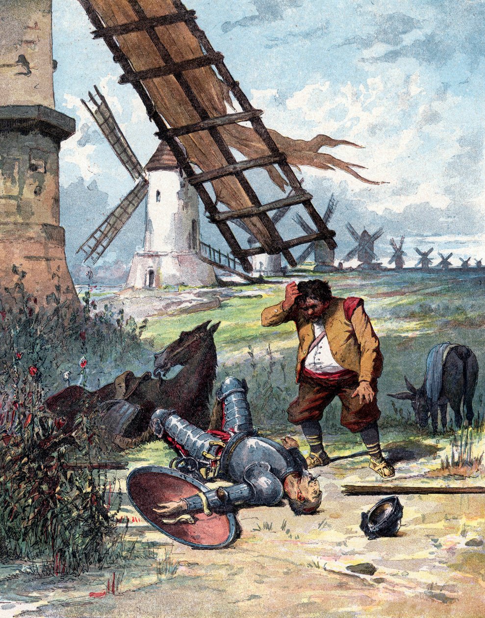 Don Quixote har kæmpet med vindmøller og faldet fra sin hest, Sancho Panza ser på sin herre, illustration af bog af Miguel de Cervantes "Histoire de Don Quichotte", gravering efter Jules David af Jules (after) David