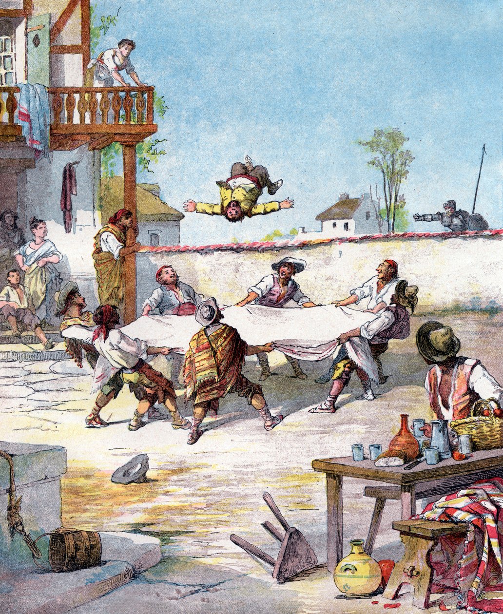 Innissä Sancho Panza on miehitetty, hän kutsuu isäntänsä Don Quijoten auttamaan häntä, kuvitus Miguel de Cervantesin kirjasta "Histoire de Don Quichotte", kaiverrus Jules Davidin mukaan af Jules (after) David