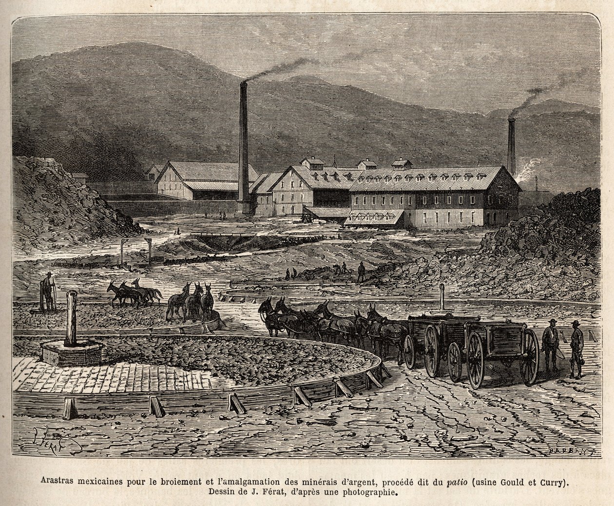 Mexicanske arastras (område trampet af muldyrenes fødder, som til betræden af bles) til formaling og sammenlægning af sølvmalme (Gould og Curry fabrikker) i nærheden af Virginia City (Nevada), gravering efter J.Ferats tegning , illustrati af Jules (after) Ferat