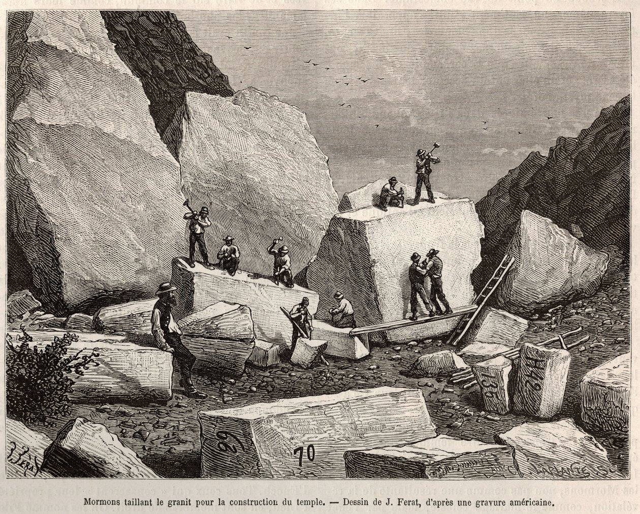 Mormonskærende granit til tempelbygning. Gravering efter J.Ferats tegning, for at illustrere historien La conquete blanche, af William Hepworth Dixon, i 1875, udgivet i "" Le tour du monde""" 1876, redigeret af Edouard Charton, Hachette-udgaven, Paris af Jules (after) Ferat