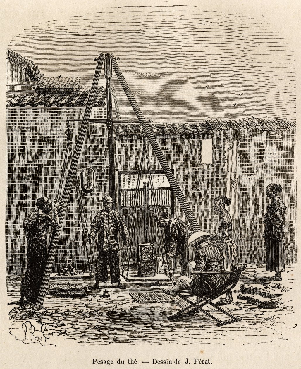 Vejningen af teen før dens ekspedition på kommercielle markeder i en krudtfabrik i Fati Bay (Canton Province), indgraveret efter en tegning af J.Ferat, der illustrerer rejsen til Kina, af J. Thompson, i 1870-1872, udgivet i " Le tour du monde” 18 af Jules (after) Ferat