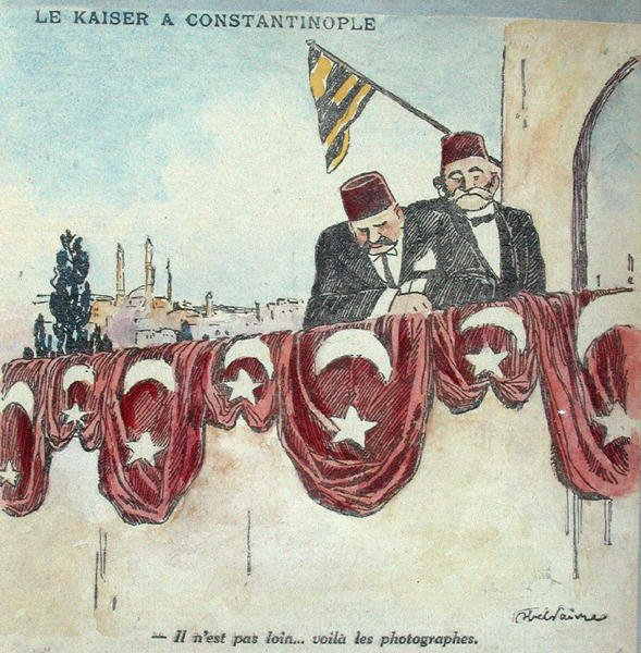 Karikatur af Kaiser Wilhelm II (1859-1941) i Konstantinopel under Første Verdenskrig (farve litho) af Jules Abel Faivre