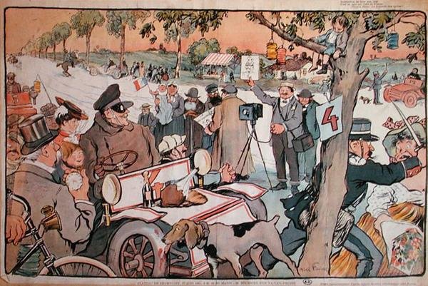 Karikatur af M. Fournier, der tager afsted på Paris-Berlin-rallyet af Jules Abel Faivre