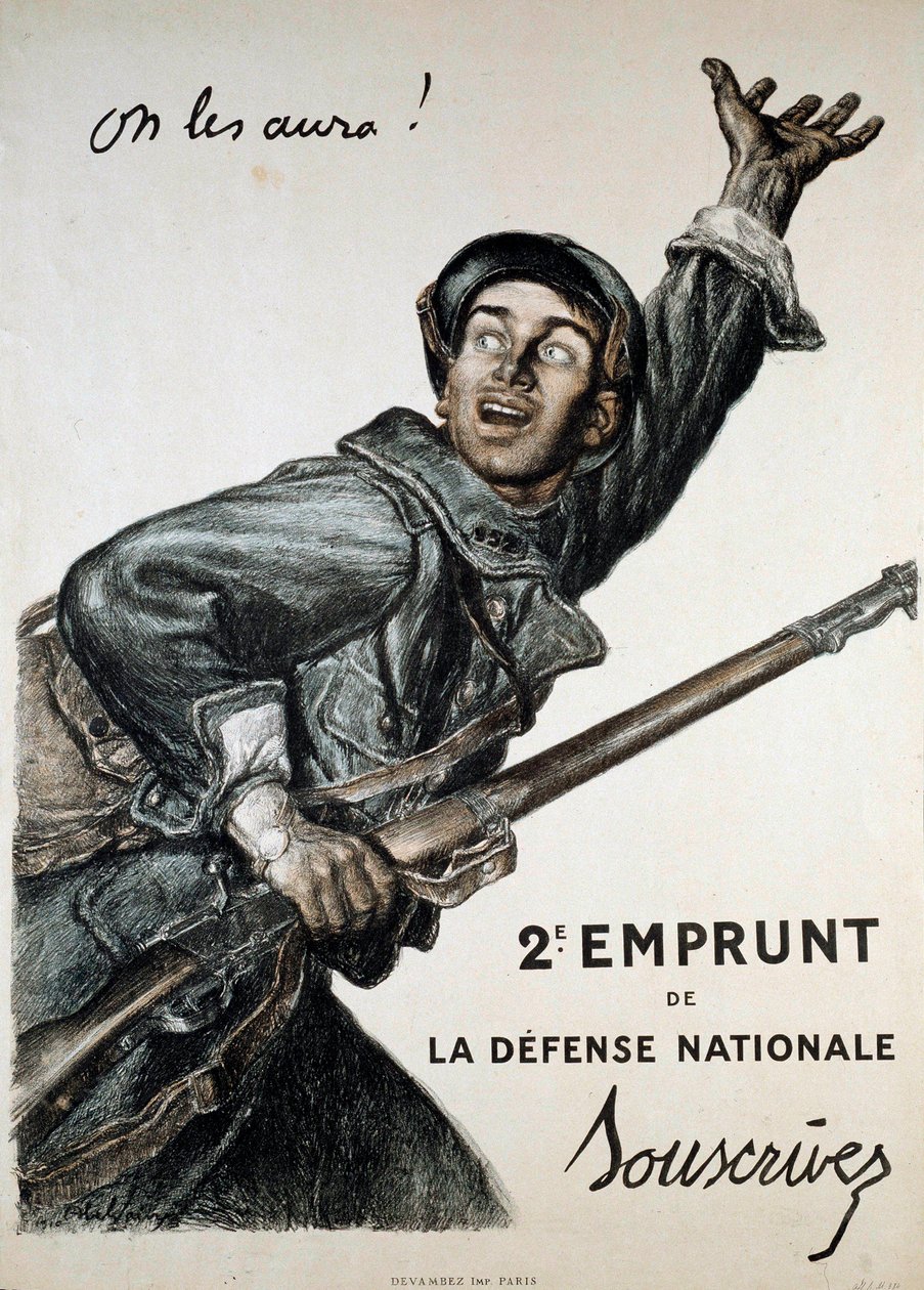 Første Verdenskrig (1914-1918): plakat af Abel Faivre (1867-1945) for det nationale lån. En soldat opfordrer offentligheden til at abonnere på det "Vi får dem!" - 2nd Loan de la Defense Nationale - Abonner” af Jules Abel Faivre